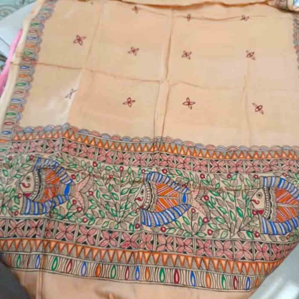 Maadhubani Painting Tan Colour Stole - Fish